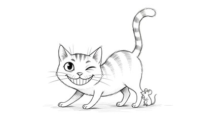 Fototapeta premium Playful Cartoon Cat Winking with Mouse Companion on White Background