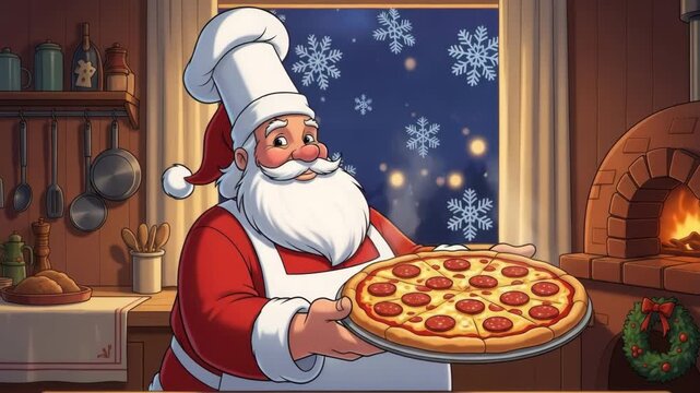 Jolly santa chef presents warm pepperoni pizza in his kitchen