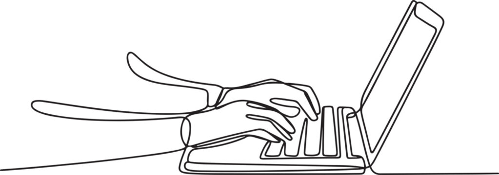 continuous line drawing of hands typing on laptop keyboard board.one line drawing of working with laptop. one line Icon drawing with white background