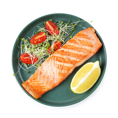 Piece of tasty grilled salmon, lemon, tomato slices and microgreens isolated on white, top view