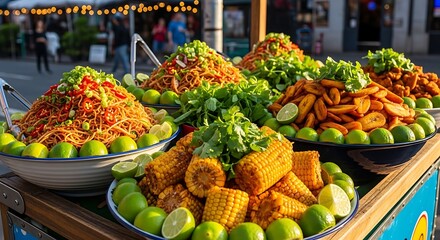 Street food cart overflowing with delicious, colorful selections of corn, noodles, and greens