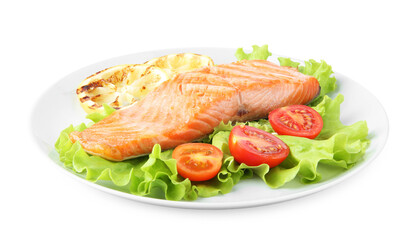Piece of tasty grilled salmon, lemon slices and salad isolated on white