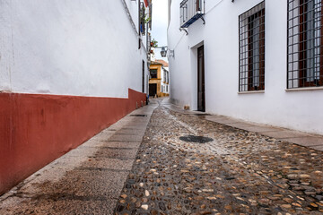 Old typical narrow street in Cordoba with old buildings with white walls decorated with colorful flower pots
