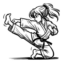 Martial arts girl high kick – dynamic karate female fighter action pose manga style illustration