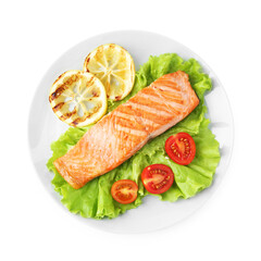 Piece of tasty grilled salmon, lemon slices and salad isolated on white, top view