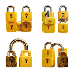 Set of yellow padlocks, some opened and some locked