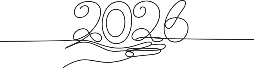 continuous line of hand with number 2026.symbol sign of welcome to year 2026. one line Icon drawing with white background