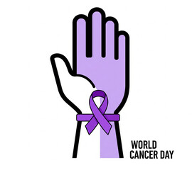 Purple Hand Holding Ribbon Symbol for World Cancer Day Awareness