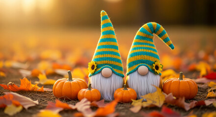 Two gnomes with striped hats and small pumpkins in a field of autumn leaves, representing fall season, harvest, and festive decoration, perfect for celebration