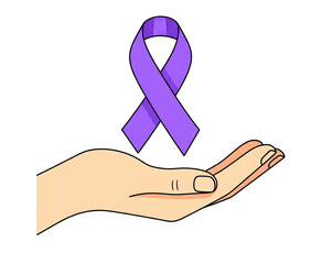 Support and awareness hand offering purple ribbon symbol illustration