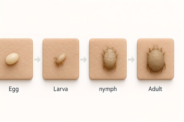 Photorealistic 3D medical illustration of scabies, semi-transparent skin cross-section showing Sarcoptes scabiei mite in superficial epidermis tunnel (stratum corneum)