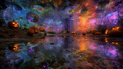 Enchanting Halloween setting with illuminated pumpkins on reflective surface, surrounded by colorful lights and cosmic visuals, evoking a festive and mystical ambiance