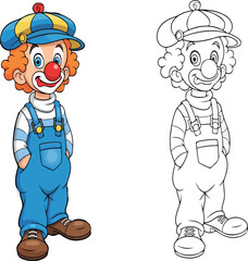 Cartoon Clown Character Illustration with Color and Black and White Version | Fun Circus Entertainer for Children's Books and Educational Materials