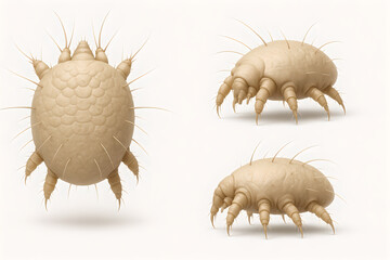 Photorealistic 3D medical illustration of scabies, semi-transparent skin cross-section showing Sarcoptes scabiei mite in superficial epidermis tunnel (stratum corneum)
