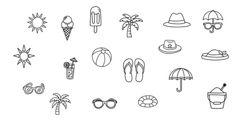 “Summer Vacation Themed Hand-Drawn Doodle Set, Sketchy Umbrella, Sunglasses, Coconut Tree, Sun, Ice Cream and Travel Elements, Fun Decorative Line Art Collection”

