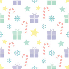  Flat christmas seamless pattern with gifts and snowflakes.