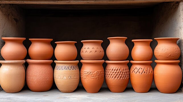 Ancient clay pots displaying unique patterns create a stunning array on a dark floor with captivating character and history