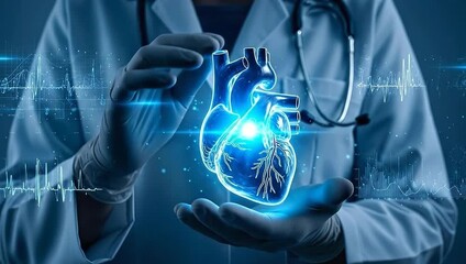 Doctor holding glowing futuristic heart with medical data overlay. - Powered by Adobe