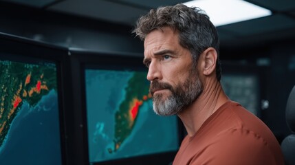 A focused man in a cockpit monitors multiple screens showing weather maps and data.
