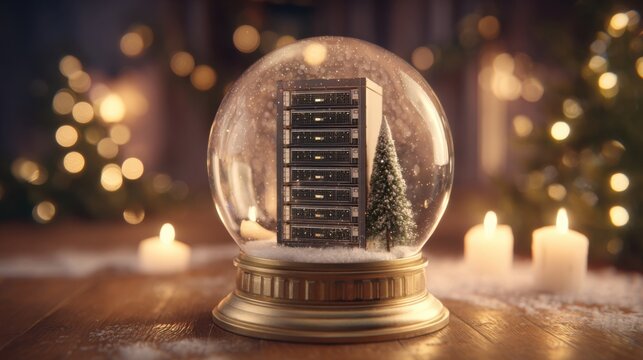 Snow globe with a miniature server rack inside a festive, candlelit desk scene.