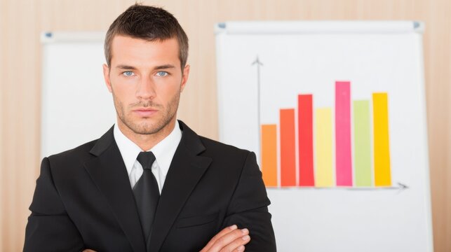 A serious businessman in a suit stands with arms crossed in front of a colorful bar chart during a presentation.