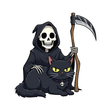 Grim reaper with a black cat isolated on illustration
