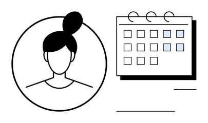 Womans profile in a circular frame next to a calendar with marked dates. Ideal for scheduling, planning, organization, appointments, personal management, time tracking, and productivity. Minimal flat