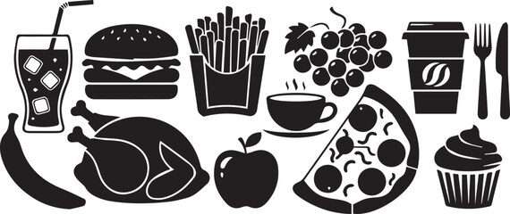 A hand-drawn vector illustration of a set of cactus plants beside a glass bottle and a vector icon set of breakfast food items like coffee, bread, and egg