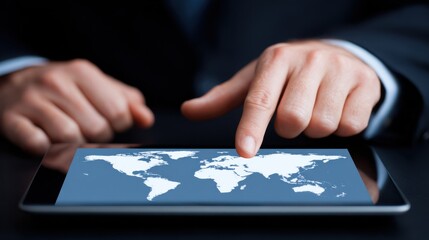 Two hands in business attire point at a tablet showing a world map, symbolizing global digital connectivity.