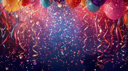 An array of vibrant balloons, confetti, and streamers cascade against a deep, celebratory background.