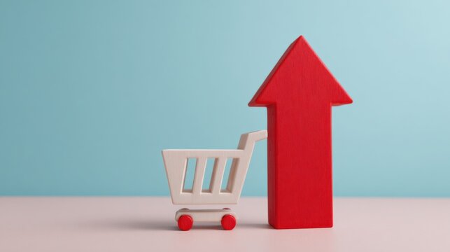 Small white toy shopping cart beside a tall red upward-arrow block, symbolizing growth or rising sales.