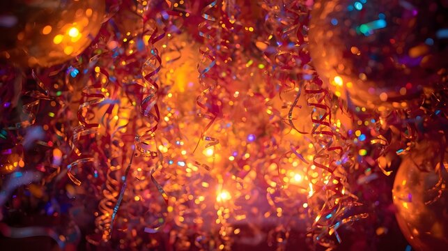 Festive atmosphere captured with warm, glowing lights and cascading, colorful party streamers galore.