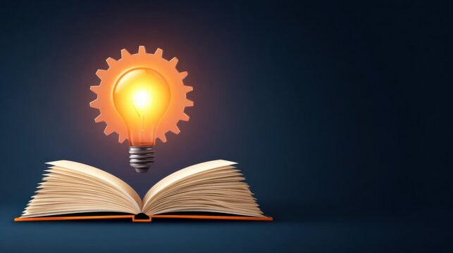 An open book with spread pages and a glowing lightbulb hovering above, symbolizing ideas, learning, and creativity.