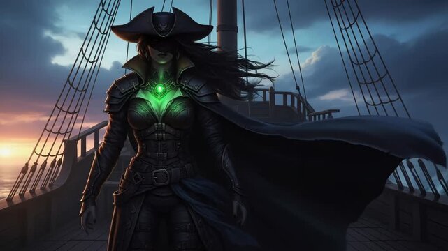 Pirate woman on ship deck at sunset with glowing amulet for sea adventure, sailing and fantasy animation