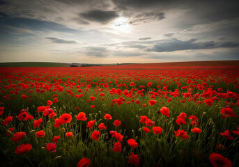Vast field of red poppies under a dramatic cloudy sky
