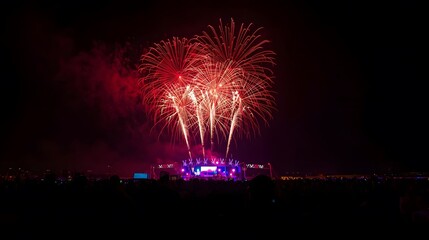 A dazzling display of red fireworks illuminating the night sky, a celebration unfolds below, vibrant.