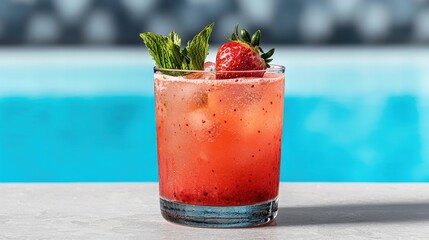 A glass of strawberry daiquiri garnished with a strawberry and a sprig of mint, served poolside