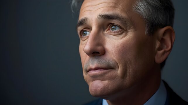 A thoughtful gaze captures the wisdom etched in the lines of a mature face against a somber background. - Powered by Adobe