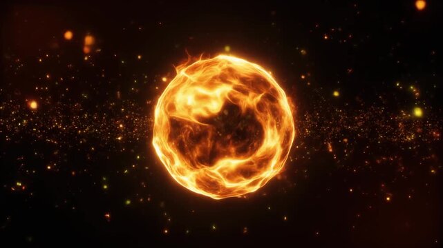 Glowing fireball floating gently with swirling flames and soft ember particles on a black background. Mystical and cinematic overlay effect