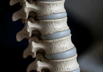 Close up of a human lumbar spine model showing vertebrae and discs