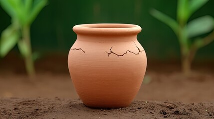 Discovering the beauty of an aged terracotta pot with intricate designs amidst the outdoor greenery