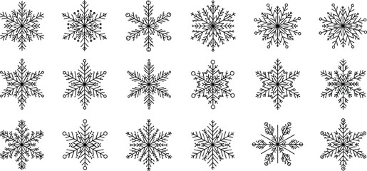 Set of Fifteen Detailed Black Outline Snowflakes: Unique and Intricate Geometric Winter Holiday Symbols for Christmas Decoration, Seasonal Design, or Minimalist Print