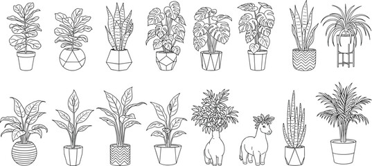 Large Black and White Outline Set of 14 Popular Indoor Houseplants: Fiddle-Leaf Fig, Monstera, Snake Plants, and Palms in Stylish Decorative Pots for Design