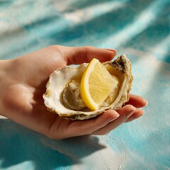 Hand holding fresh oyster with lemon slice on textured blue background seafood citrus