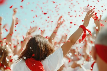 Obraz premium Celebration with red petals: A crowd of people joyfully celebrate, with arms raised towards the sky amidst a shower of vibrant red petals, capturing a moment of pure bliss.