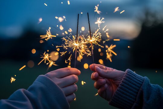 Person holding sparkler at night to celebrate a special event with dark background
