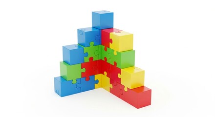 Interlocking Geometric Puzzle Pieces for Collaboration. geometric puzzle pieces blue, green, yellow, red neatly interlocking to form a complete, cohesive corporate structure.