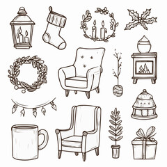 Black-and-white doodle clipart set of Christmas home objects with clean outlines, including lantern, stocking, wreath, holly, armchair, fireplace, ornament box, lights and cocoa mug