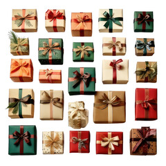 Collection of wrapped boxes with various colored ribbons