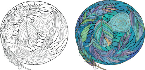 Feather Circle Mandala in Color and Black and White Outline | Relaxing Coloring Page Design for Stress Relief, Art Therapy and Creative Projects